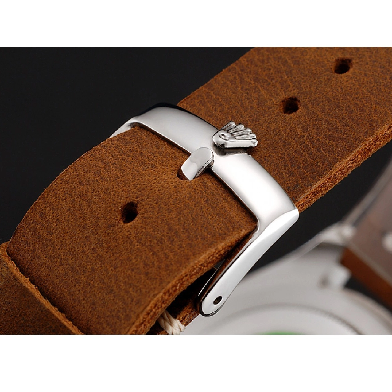Aaa replica watch Bracelet Brown Leather 1453859 Master Dial Yacht Case Silver Rolex Black 0822